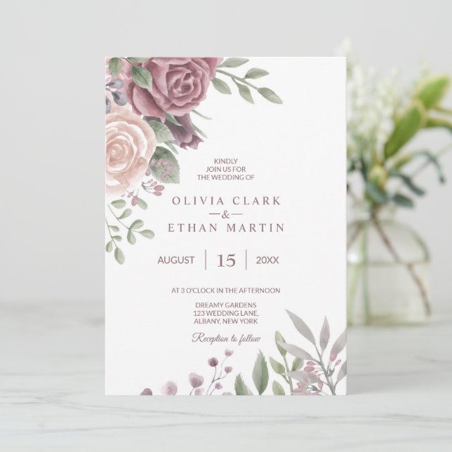 Invitation Bouquet floral Rustique Dusty Rose (Debout devant)