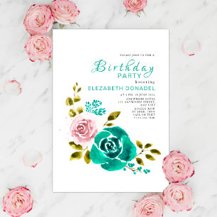 Invitation Bouquet floral turquoise et rose fête d'anniversai
