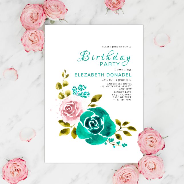 Invitation Bouquet floral turquoise et rose fête d'anniversai (Créateur téléchargé)
