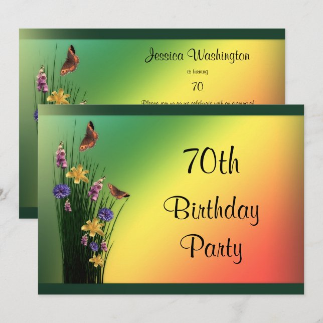 Invitation Bouquet Herbeux Et Papillons 70 Ans (Devant / Derrière)