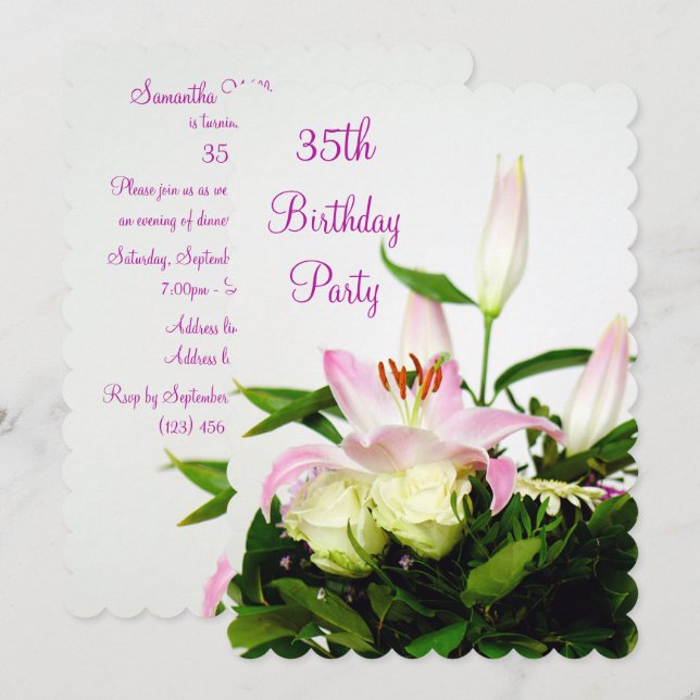 Invitation Bouquet Lillies & Roses 35e anniversaire (Devant / Derrière)