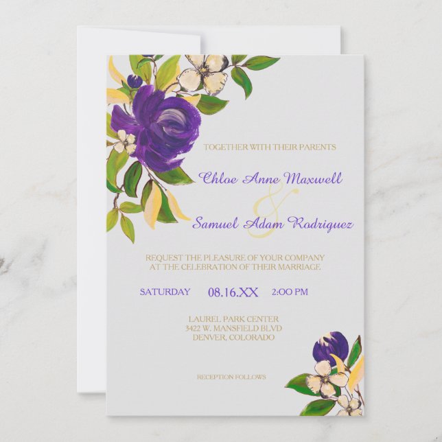 Invitation Bouquet Mariage couleur or pourpre (Devant)