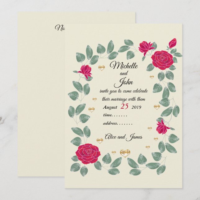 Invitation Bouquet mariage de roses rouges, Douche nuptiale (Devant / Derrière)