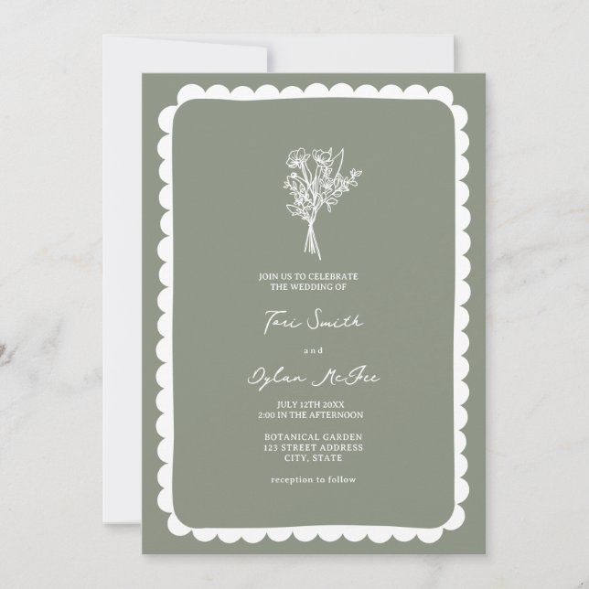 Invitation Bouquet Mariage vert Sage Scallopé (Devant)