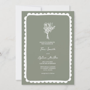 Invitation Bouquet Mariage vert Sage Scallopé