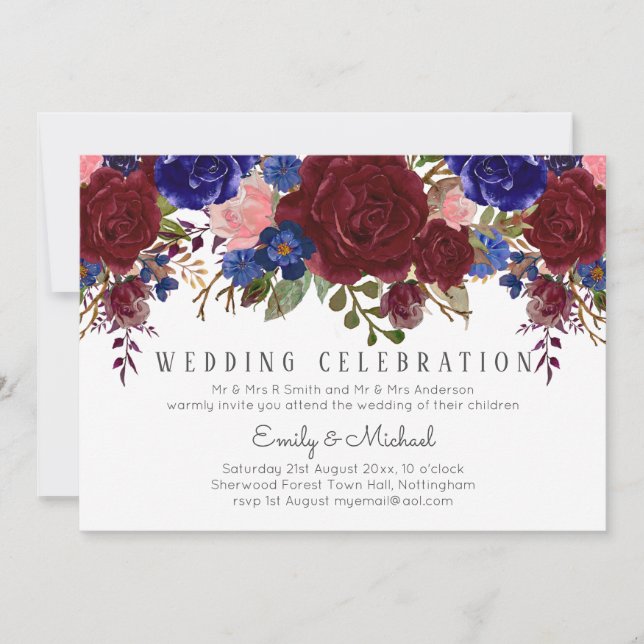 Invitation Bouquet Marsala Marine bleu rose MARIAGE floral (Devant)