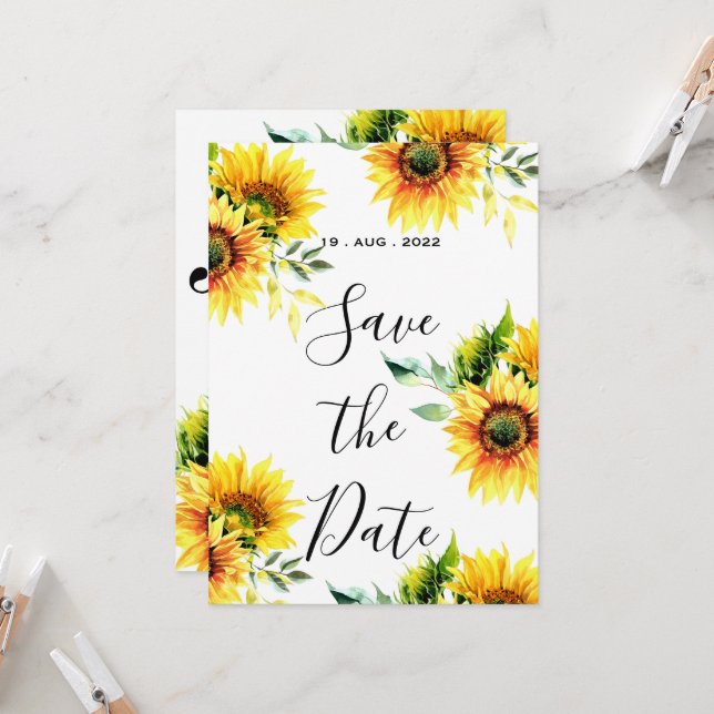 Invitation Bouquet printanier floral vibrant de tournesols ja (Devant/Arrière en situation)