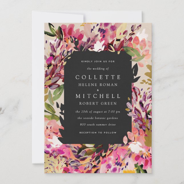 Invitation Bouquet romantique Hot Pink Black Gold Mariage (Devant)