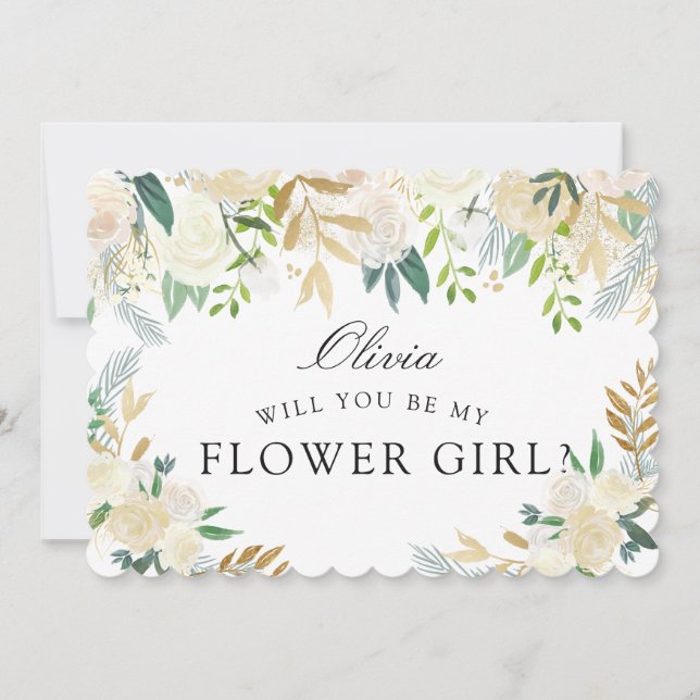 Invitation Bouquet Rose blanche | Serez-vous ma Flower Girl ? (Devant)