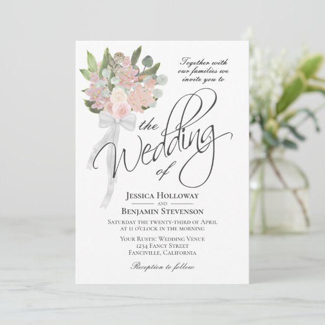 Invitation Bouquet rose printemps aquarelle Mariage boho rust (Debout devant)