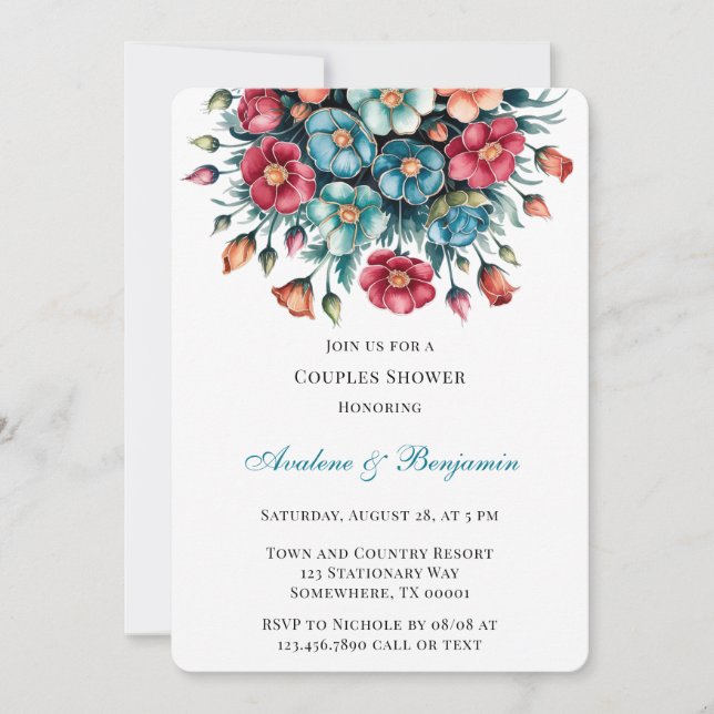 Invitation Bouquet rouge orange turquoise Couples or floral D (Devant)