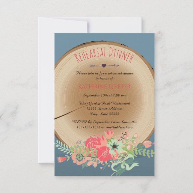 Invitation Bouquet rustique en bois-3x5Rehearsdinner Invitati (Devant)