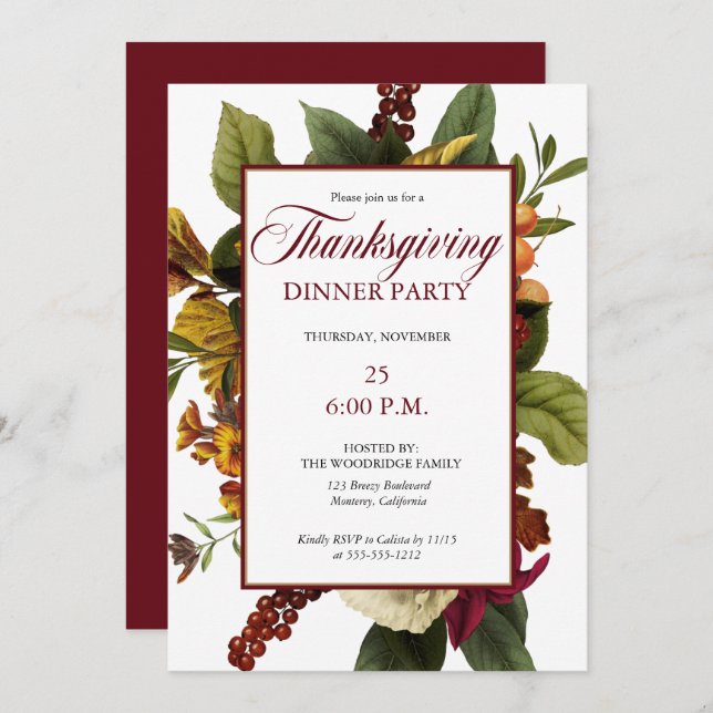 Invitation Bouquet Rustique rouge floral Thanksgiving Dîner (Devant / Derrière)