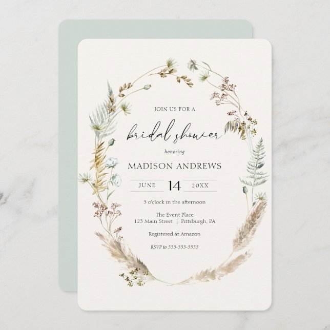 Invitation Bouquet séché de Bohême Fête des mariées bleue (Devant / Derrière)