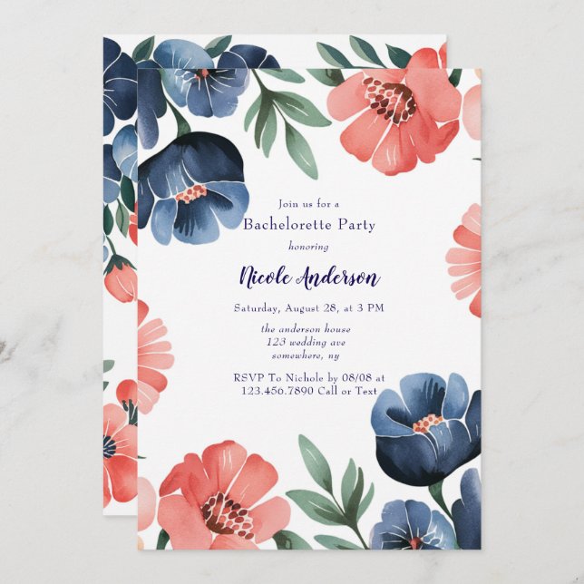 Invitation Bouquet Wedding shower bleu et corail (Devant / Derrière)
