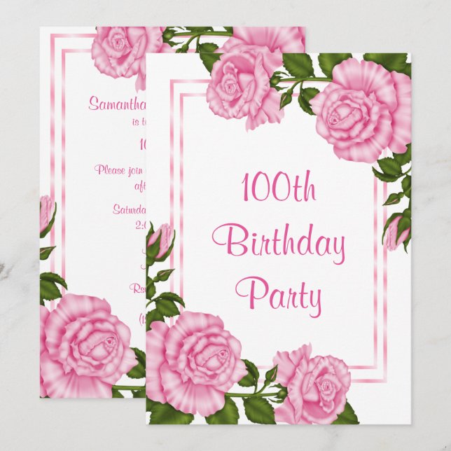 Invitation Bouquets d'angle rose joli 100e anniversaire (Devant / Derrière)