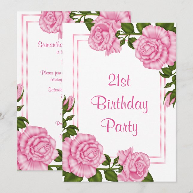 Invitation Bouquets d'angle rose joli 21e anniversaire (Devant / Derrière)