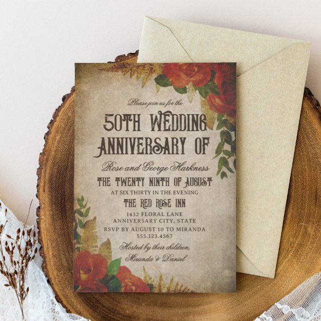 Invitation Bouquets de roses rouges vintage 50e anniversaire  (Créateur téléchargé)