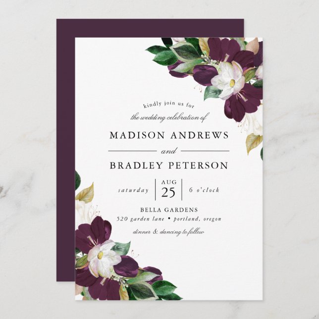 Invitation Bouquets floraux de prune foncée | MARIAGE (Devant / Derrière)