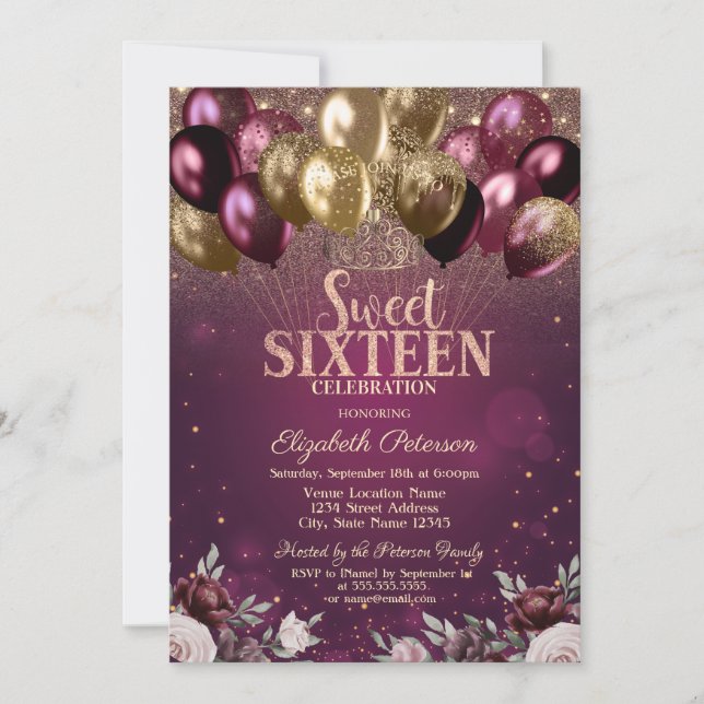 Invitation Bourgeon Glitter Ballons Fleurs Douce 16 (Devant)