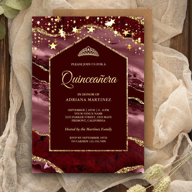 Invitation Bourgogne Agate Dorée Arc de Marbre Quinceanera (Créateur téléchargé)