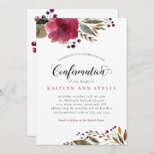 Invitation Bourgogne Aquarelle Fleurs Fille Confirmation
