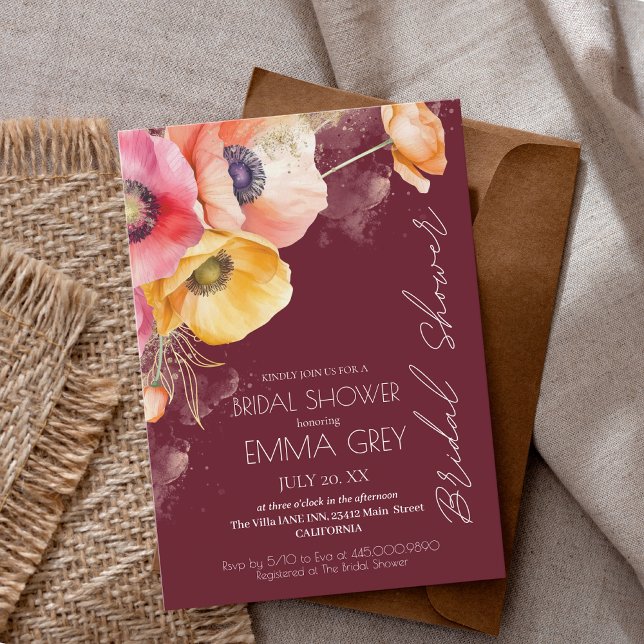 Invitation Bourgogne & Aquarelle rouge Fête des mariées flora (Créateur téléchargé)