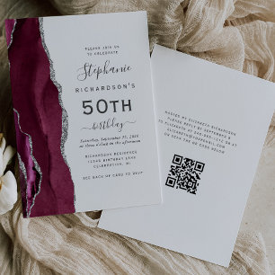 Invitation Bourgogne Argent Agate QR Code 50e anniversaire