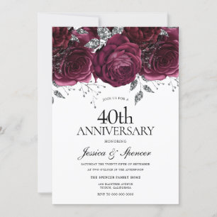 Invitation Bourgogne & Argent Floral 40e anniversaire de Mari