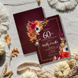 Invitation Bourgogne Automne Fleurs Élégant Script 60e Annive<br><div class="desc">De belles fleurs d'automne décorent deux coins d'un cadre doré. Roses rouges, fleurs en terre cuite et pivoines blanches se mêlent aux feuilles verts et au feuillage. Les fleurs et le blanc script moderne pop contre l'arrière - plan rouge bordeaux. Cet article fait partie de la collection Bourgogne Fall Flowers....</div>