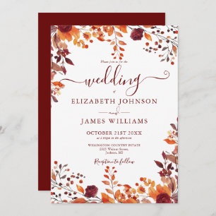 Invitation Bourgogne Automne Rustique Floral Feuille Mariage