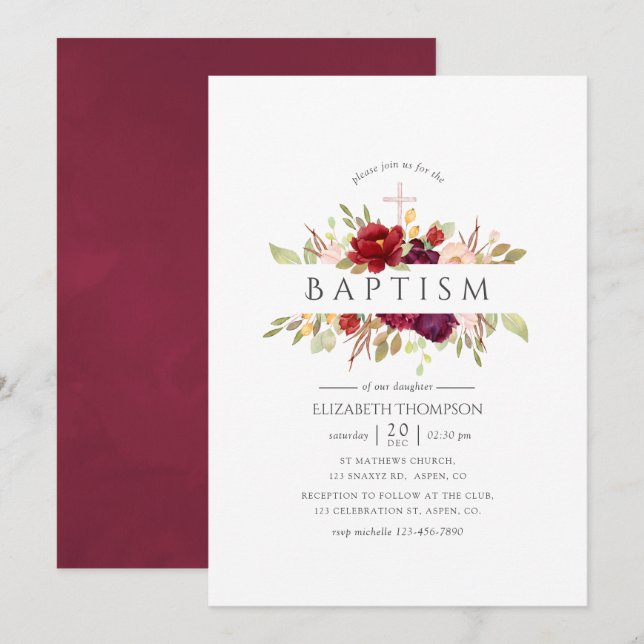 Invitation Bourgogne - Baptême floral Marsala et rose (Devant / Derrière)
