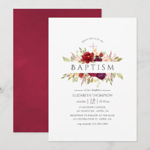 Invitation Bourgogne - Baptême floral Marsala et rose