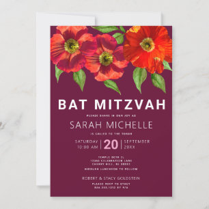 Invitation Bourgogne Bat mitzvah Aquarelle moderne Floral