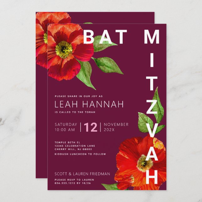Invitation Bourgogne Bat mitzvah Floral Aquarelle moderne (Devant / Derrière)