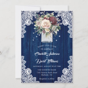 Invitation Bourgogne Beige Navy Blue Mason Jar Floral Mariage