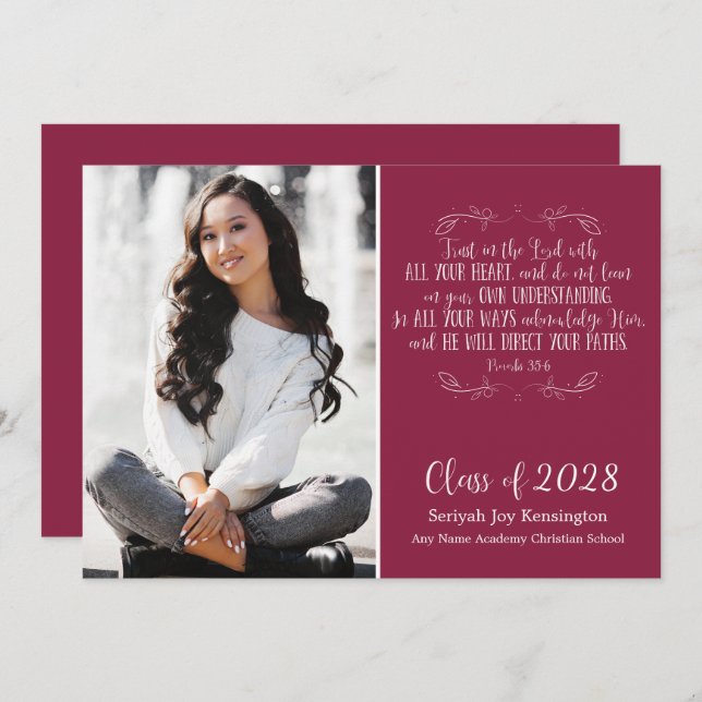Invitation Bourgogne Bible chrétienne Verse Graduation Photo (Devant / Derrière)