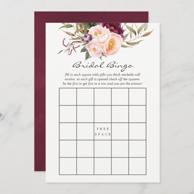 Invitation Bourgogne - Bingo de mariage floral au Marsala et  (Devant / Derrière)