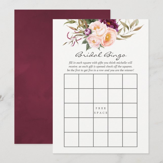 Invitation Bourgogne - Bingo Floral de mariage au Marsala et  (Devant / Derrière)