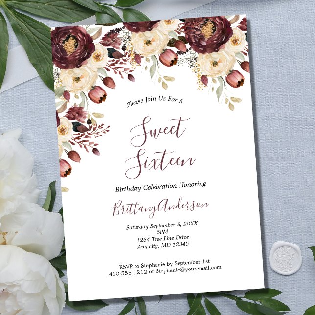 Invitation Bourgogne Blanc Floral Sweet sixteen botanique 16 (Burgundy Maroon White Floral Botanical Formal Sweet Sixteen Birthday Party Invitation)