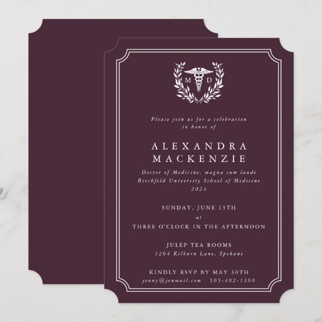 Invitation Bourgogne/Blanc MD Caducée Docteur Diplômé (Devant / Derrière)