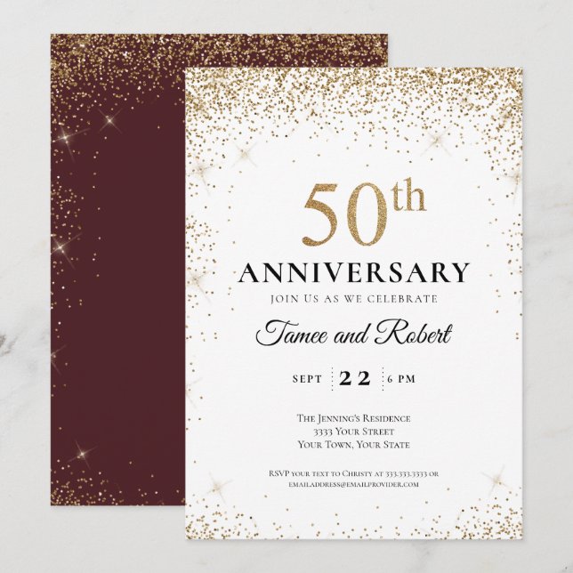 Invitation Bourgogne blanc or 50e anniversaire de mariage  (Devant / Derrière)