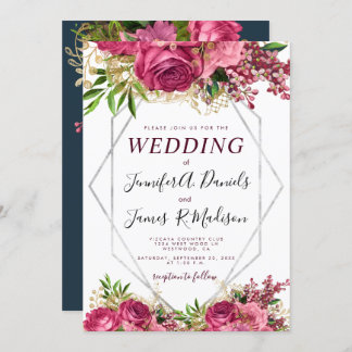 Invitation Bourgogne bleu bleu bleu roux argent Aquarelle