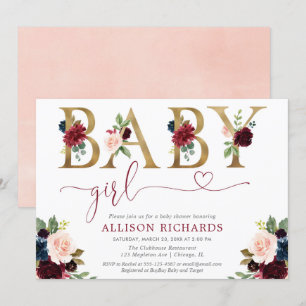 Invitation Bourgogne bleu marine floral bleu baby shower fill