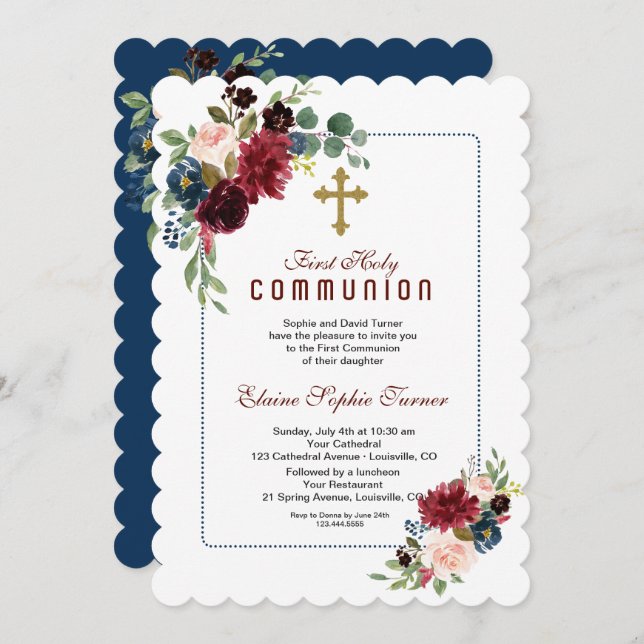 Invitation Bourgogne Bleu Nuit Floral Cadre Première Communio (Devant / Derrière)