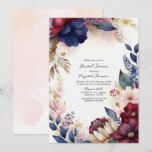 Invitation Bourgogne, Bleu Nuit, Rose Pâle Floral Bohème Réce