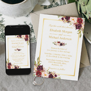 Invitation Bourgogne Blush Bloom Floral Gold Frame Mariage