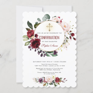 Invitation Bourgogne Blush Floral Gold Cross Confirmation
