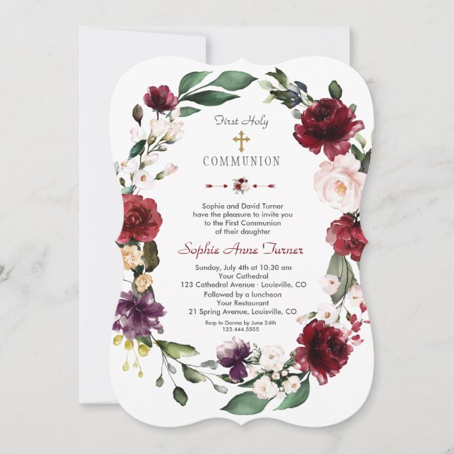 Invitation Bourgogne Blush Floral Gold First Holy Communion (Devant)