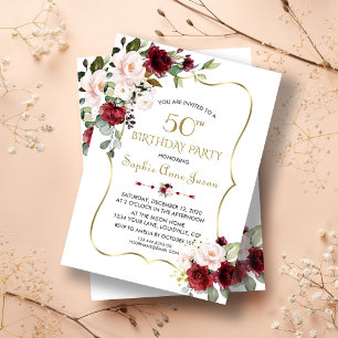 Invitation Bourgogne Blush Floral Gold Frame 50e anniversaire